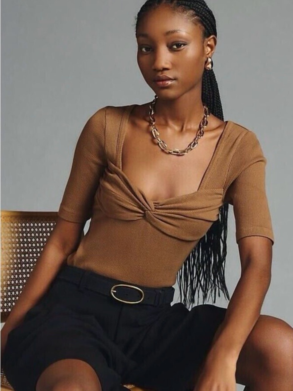 NEW Citizens of Humanity Brown Twist Front Ribbed Blouse Top size small
